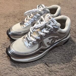 CHANEL Silver and White Shoes